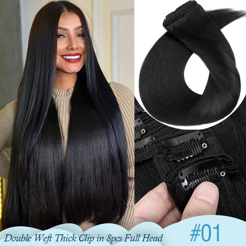 Thick Remy Clip-In Hair Extensions Full Head Double Weft Human Hair