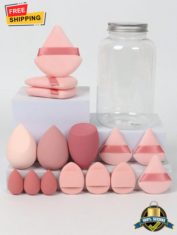 15 Pcs Makeup Sponge Set with Storage Jar - Blenders & Powder Puffs