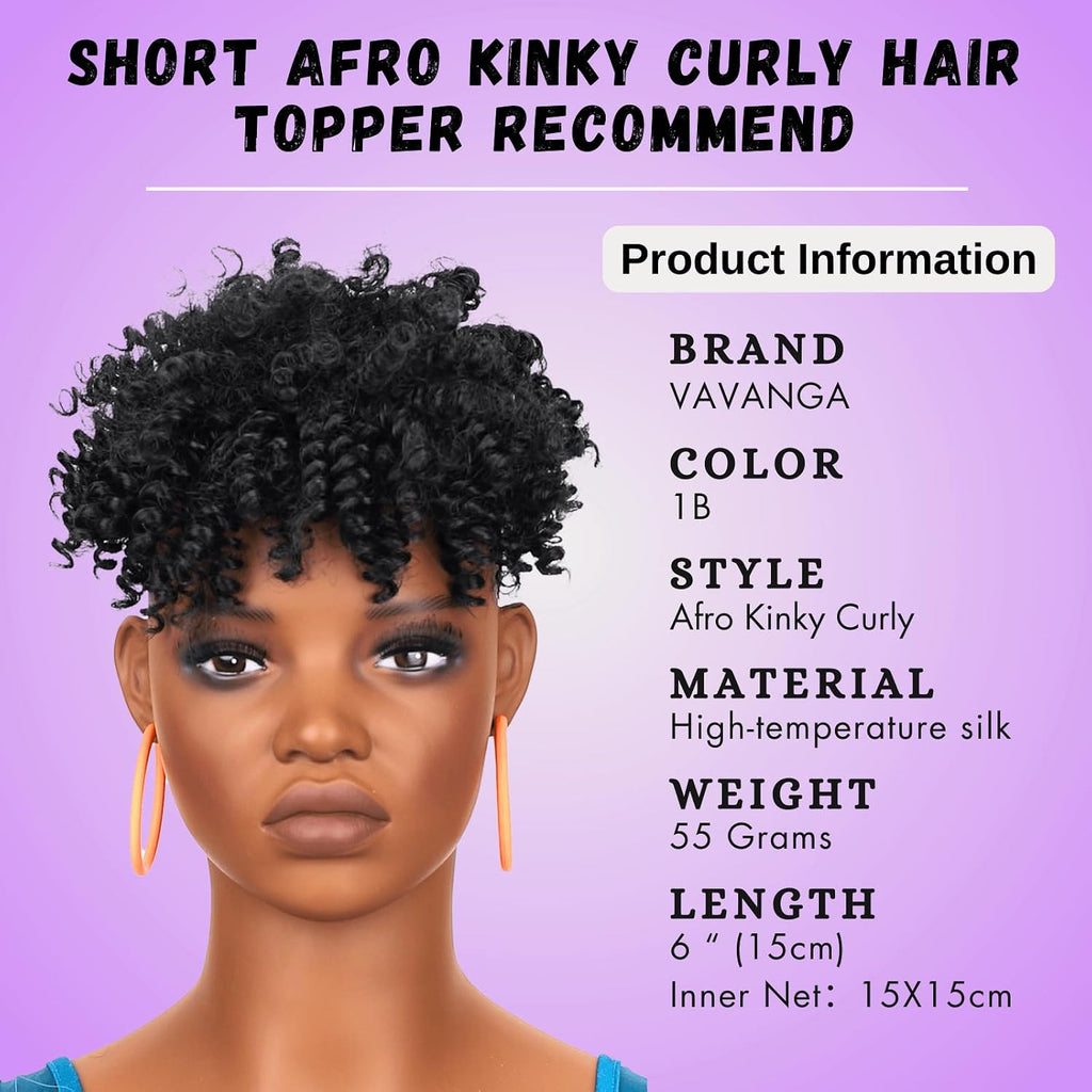 Kinky Afro Kinky Curly Hair Topper for Women - Natural Black, 6-Inch Braided Style