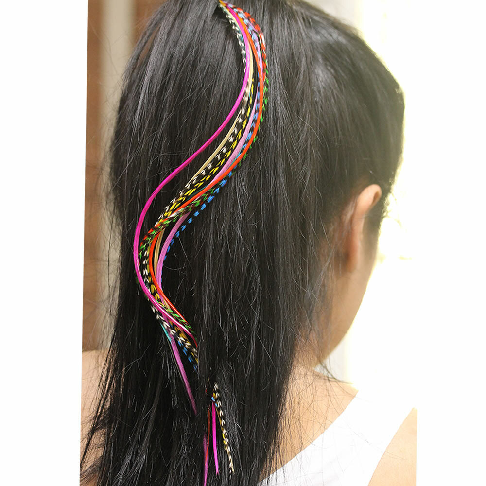 Rainbow Feather Hair Extensions Kit - 8-11 Inch Real Rooster Feathers with Beads & Tool