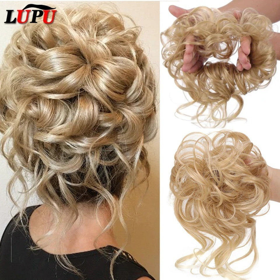 Natural Human Hair Messy Bun Hair Piece with Elastic Scrunchie - Thick & Curly