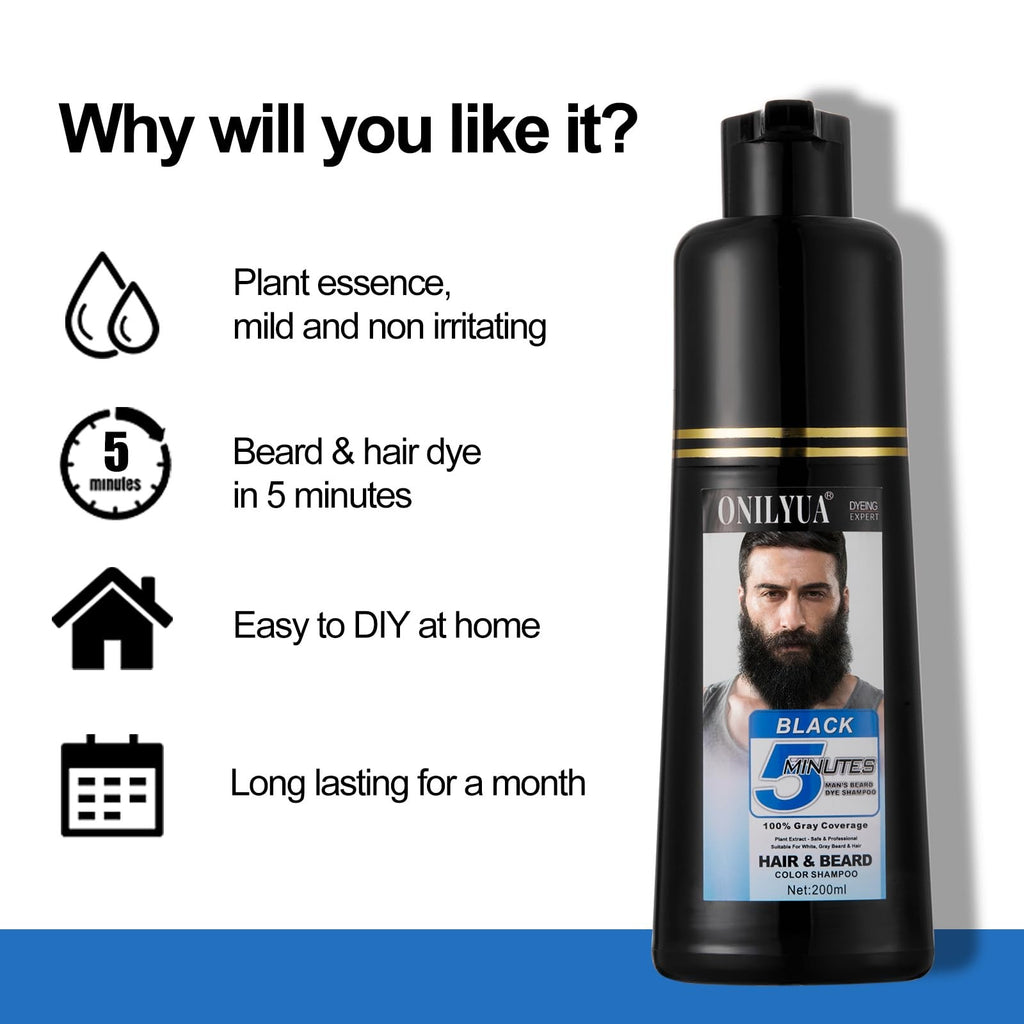Men's Black Beard & Hair Dye for Gray Coverage, 3-in-1 Beard Shampoo, Long-Lasting, 200ML