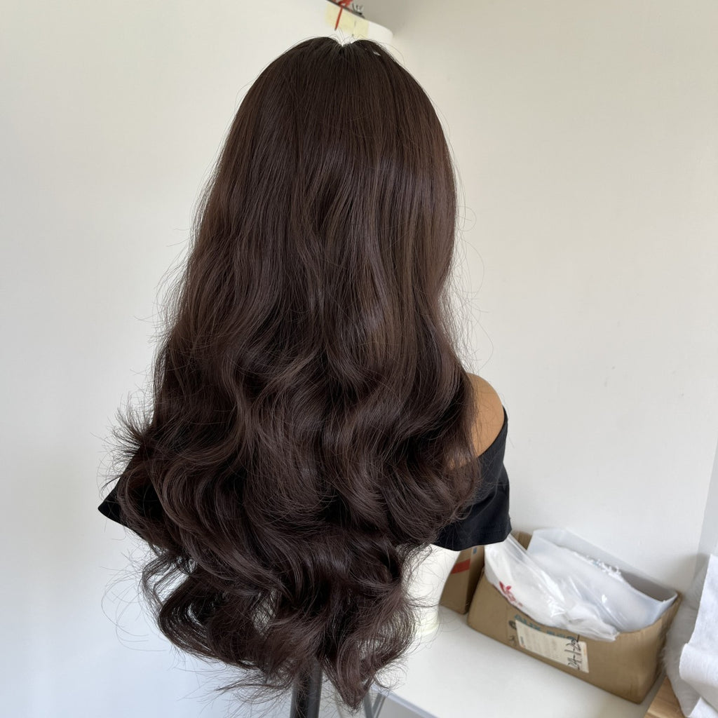 Dark Brown Long Wavy Heat-Resistant Cosplay Wig with Bangs