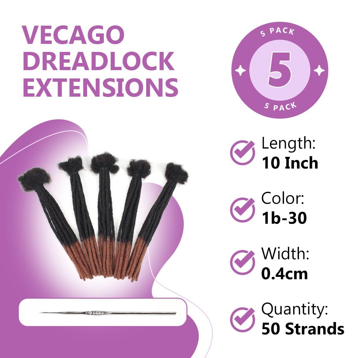 10 Inch 50 Strands Human Hair Dreadlock Extensions - Natural & Durable