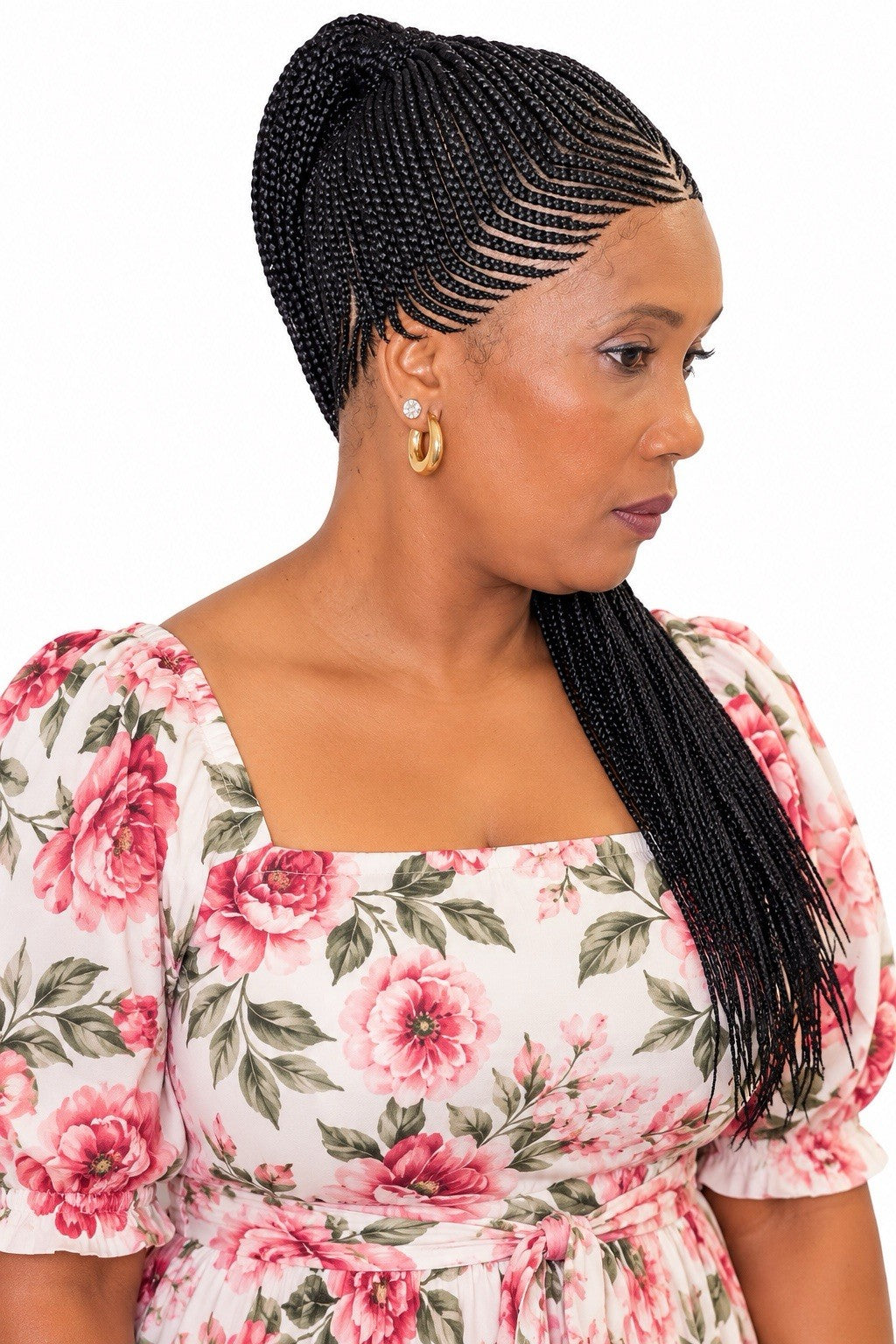 24-Inch Braided Glueless Wig with Cornrows and High Ponytail - Black