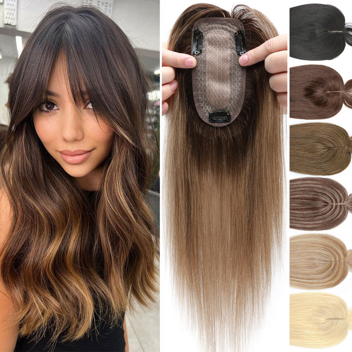 Human Hair Topper Hairpiece with Clip-In Mono Silk Base for Thinning Hair