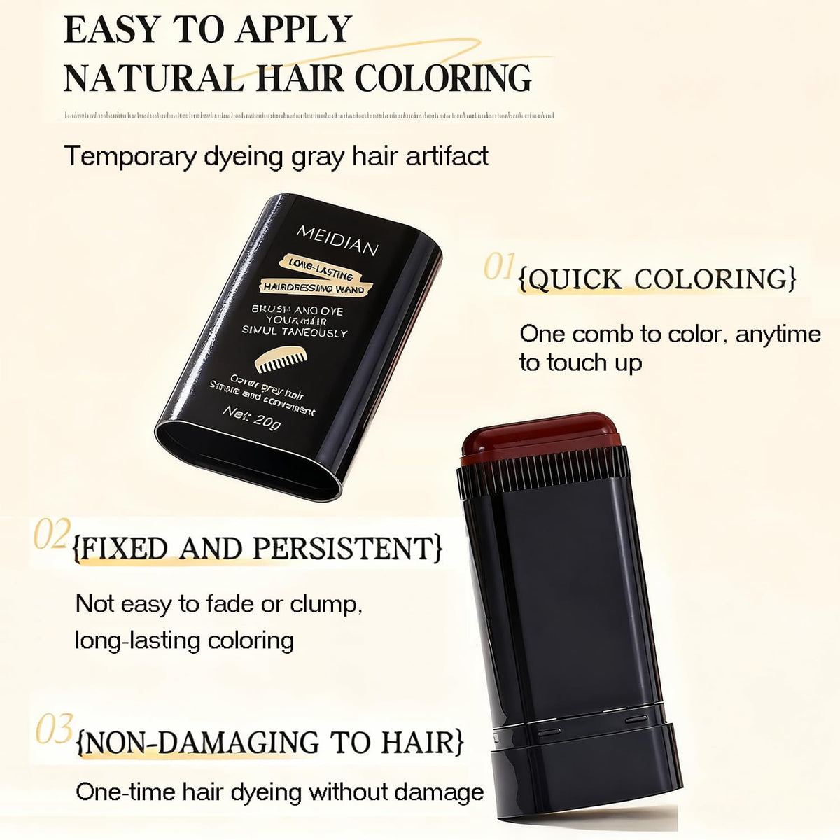 Root Touch-Up Hair Color Stick & Comb - Waterproof Black Dye for Gray Roots
