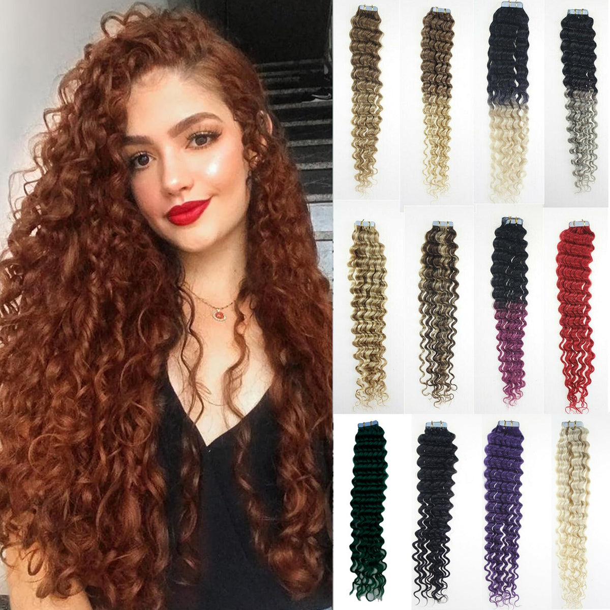 Remy Human Hair Extensions Seamless Tape-In Wefts 18 Inch Curly & Straight