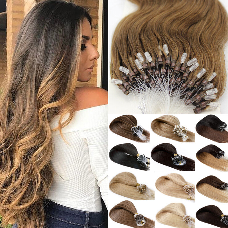 Human Hair Extensions Micro Loop Nano Beads Full Head - Multiple Colors & Lengths