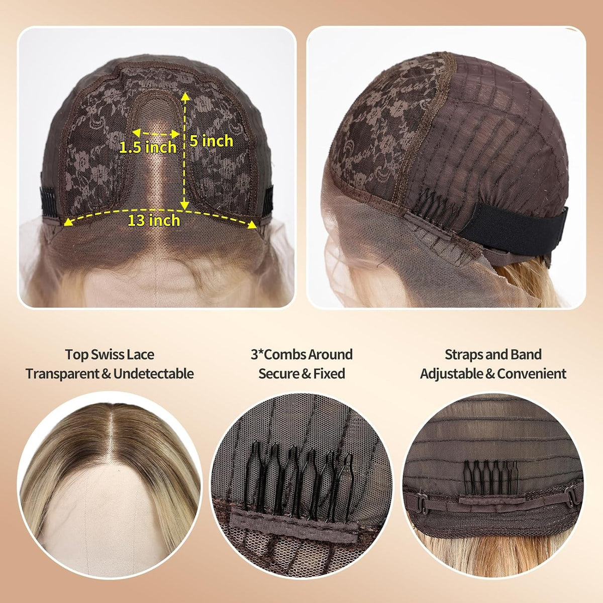 12 Inch Ombre Blonde Brown Human Hair Wig for Women - Short Lace Front Bob