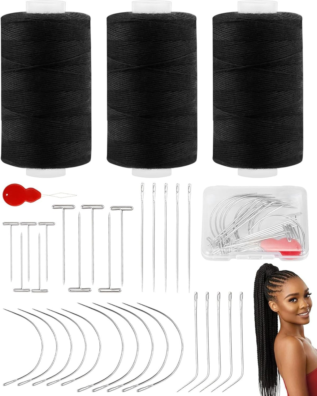 Hair Extension Thread Kit with Needles & Pins for Wig Weaving - Black