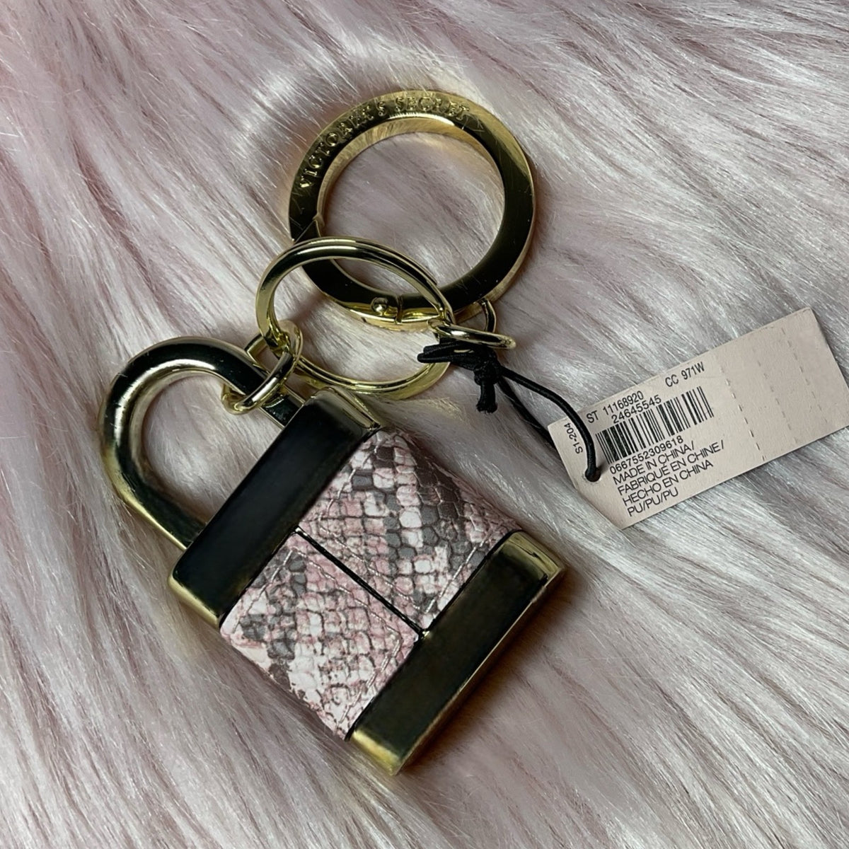 Pink Python Padlock Keychain Charm - Gold Tone Accessories