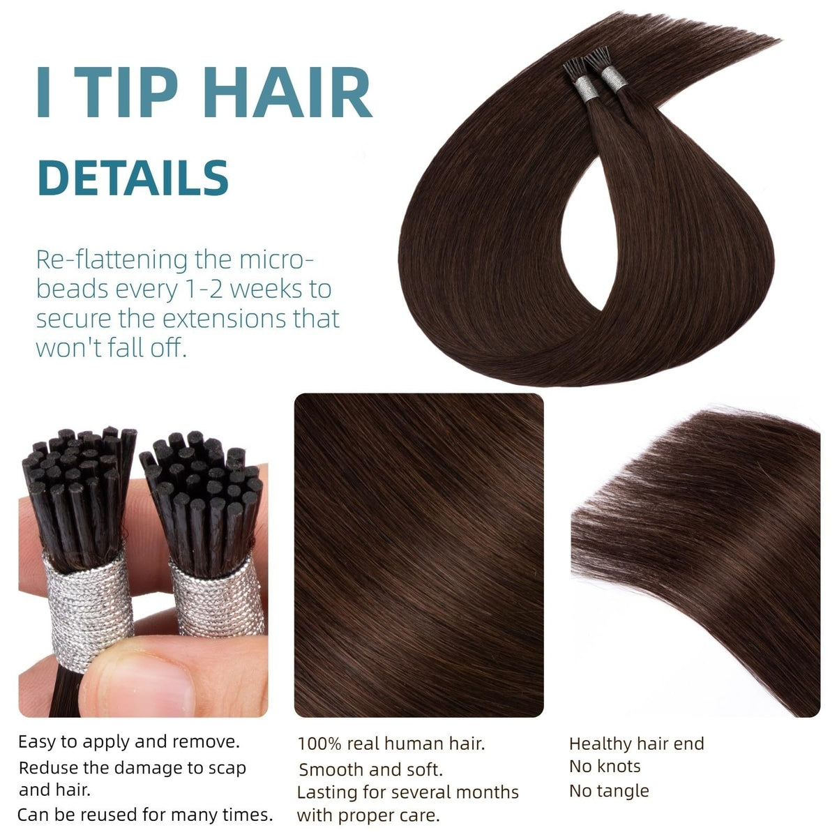 Human Hair Extensions 20 Inch Dark Brown Pre Bonded I Tip Hairpiece