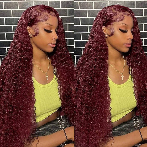 Human Hair Wig 5x5 Water Wave Burgundy 99J Natural 200% Density Unbranded