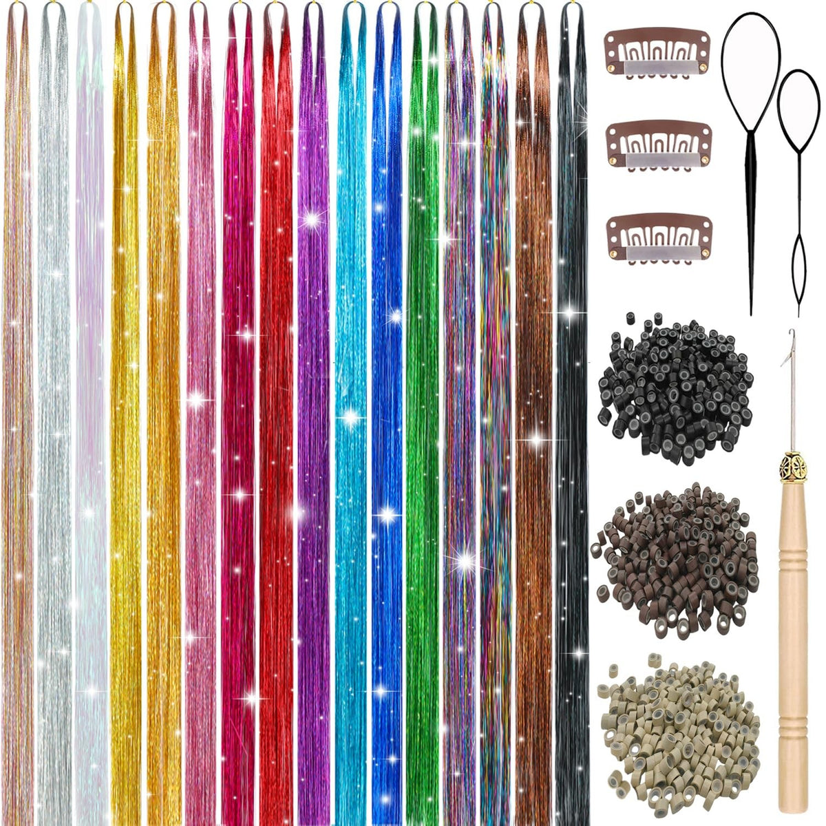 16-Color Hair Tinsel Kit with 7600 Strands and Accessories for Festival & Party