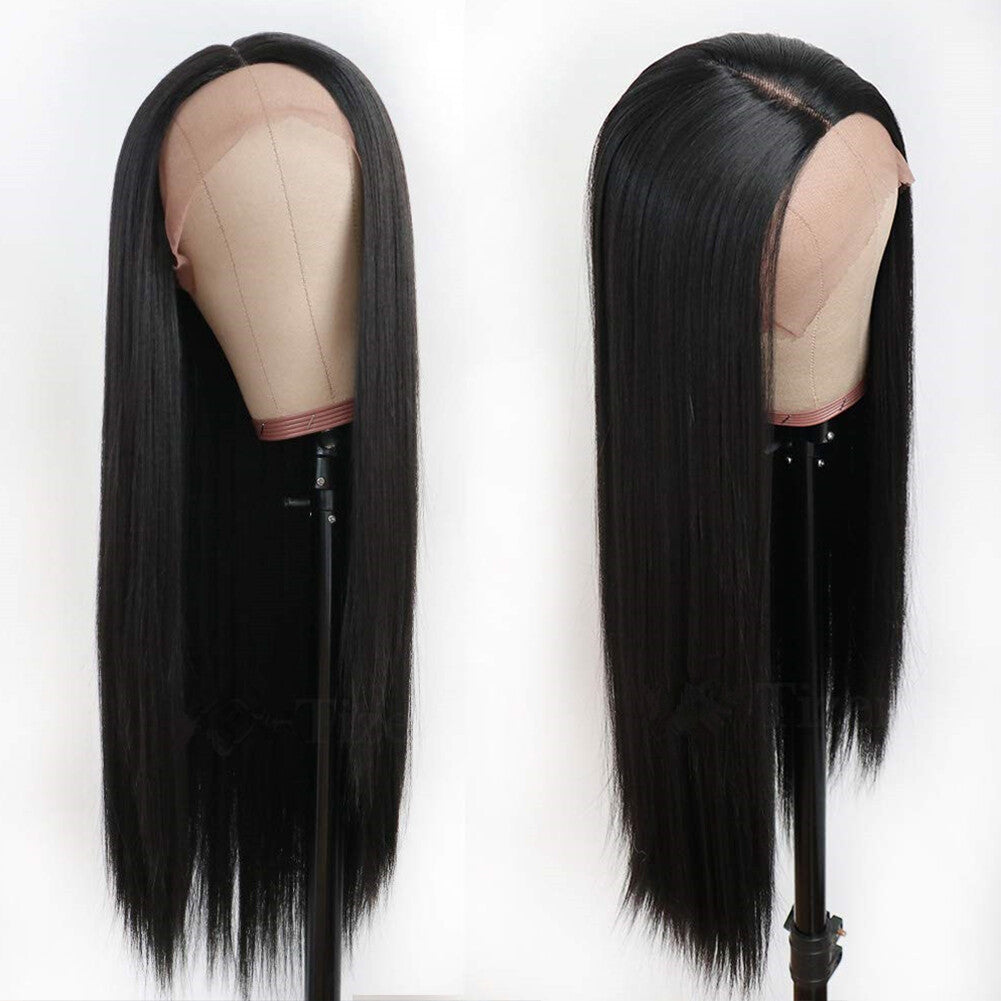 Heat Resistant Synthetic Lace Front Wig Long Black Straight Glueless Hair