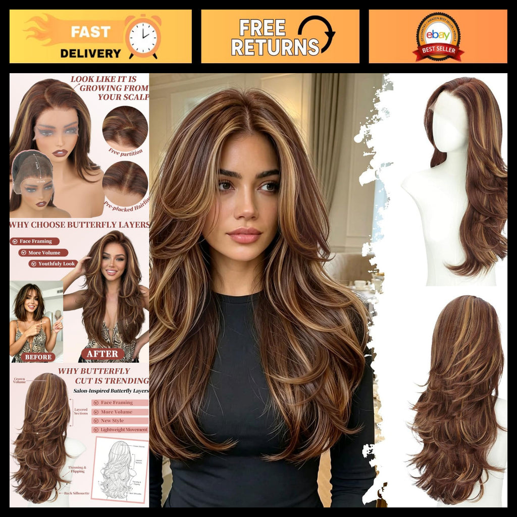 13x4 Lace Front Wig with Feathered Layers - Natural Look, Brown Highlights, 26 Inch