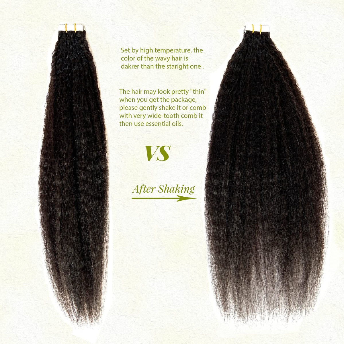 Human Hair Tape-In Extensions Kinky Straight Black for Women - 20 Inch