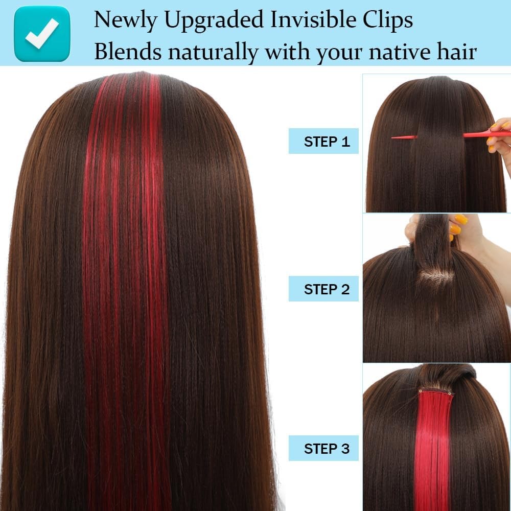 12PCS Red Clip-In Hair Extensions 22 Inch Long Straight Synthetic Hair