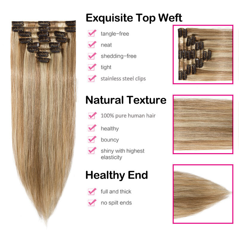 Double Weft Remy Human Hair Extensions Full Head Thick Clip-In Set