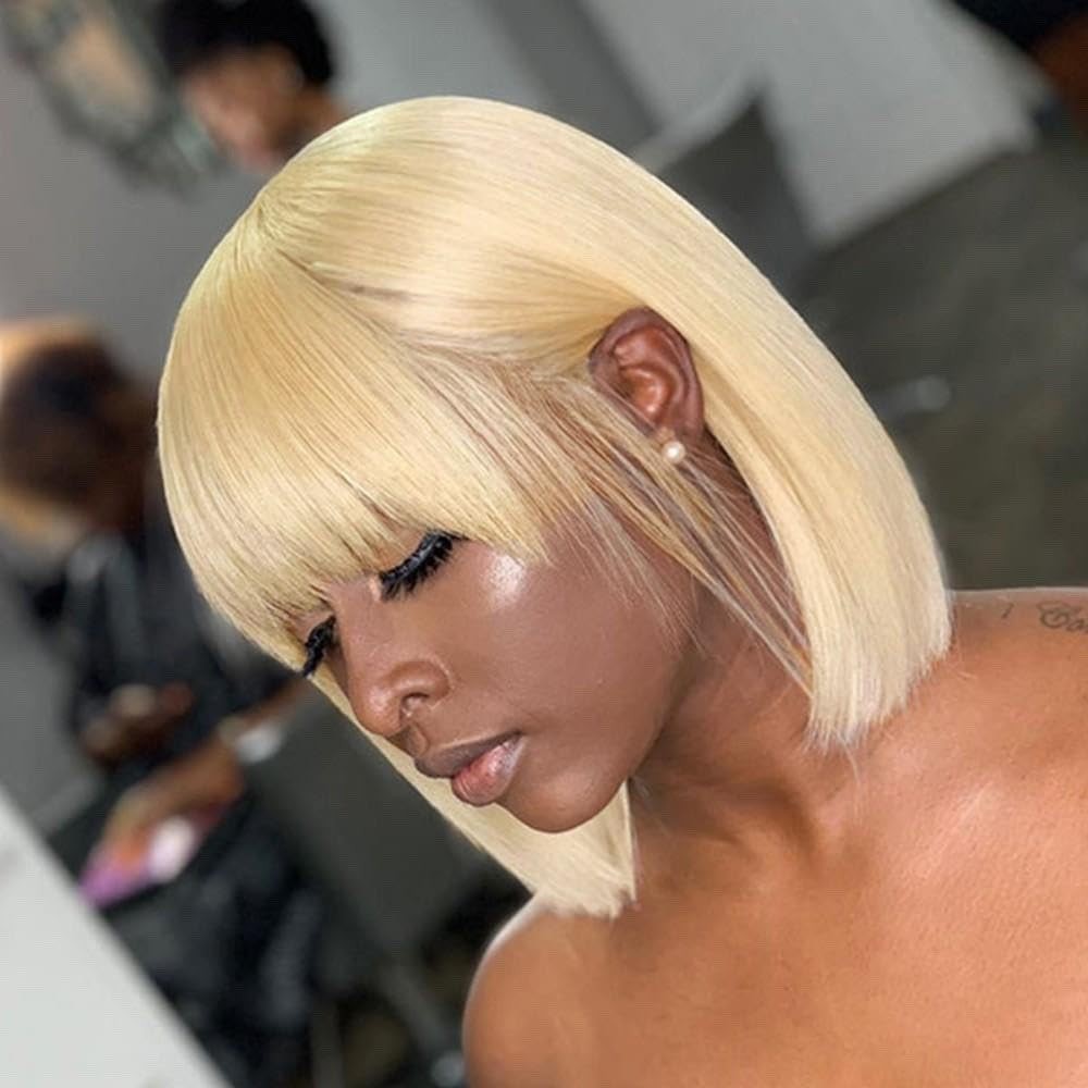 12-Inch Short Black Straight Wig with Bangs for Women - High Temp Fiber