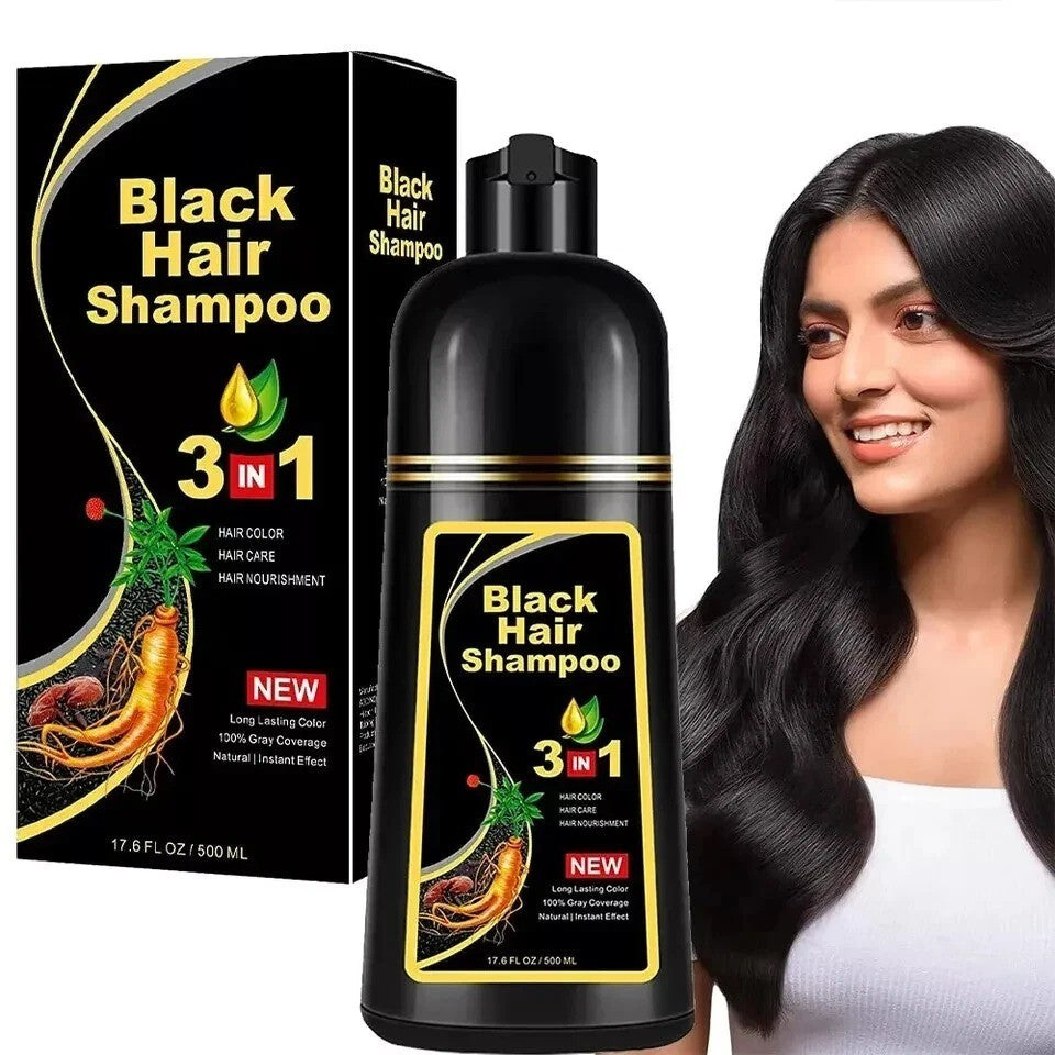 Black Hair Dye Shampoo 3-in-1 Instant Gray Coverage 500mL - Natural Herbal Formula