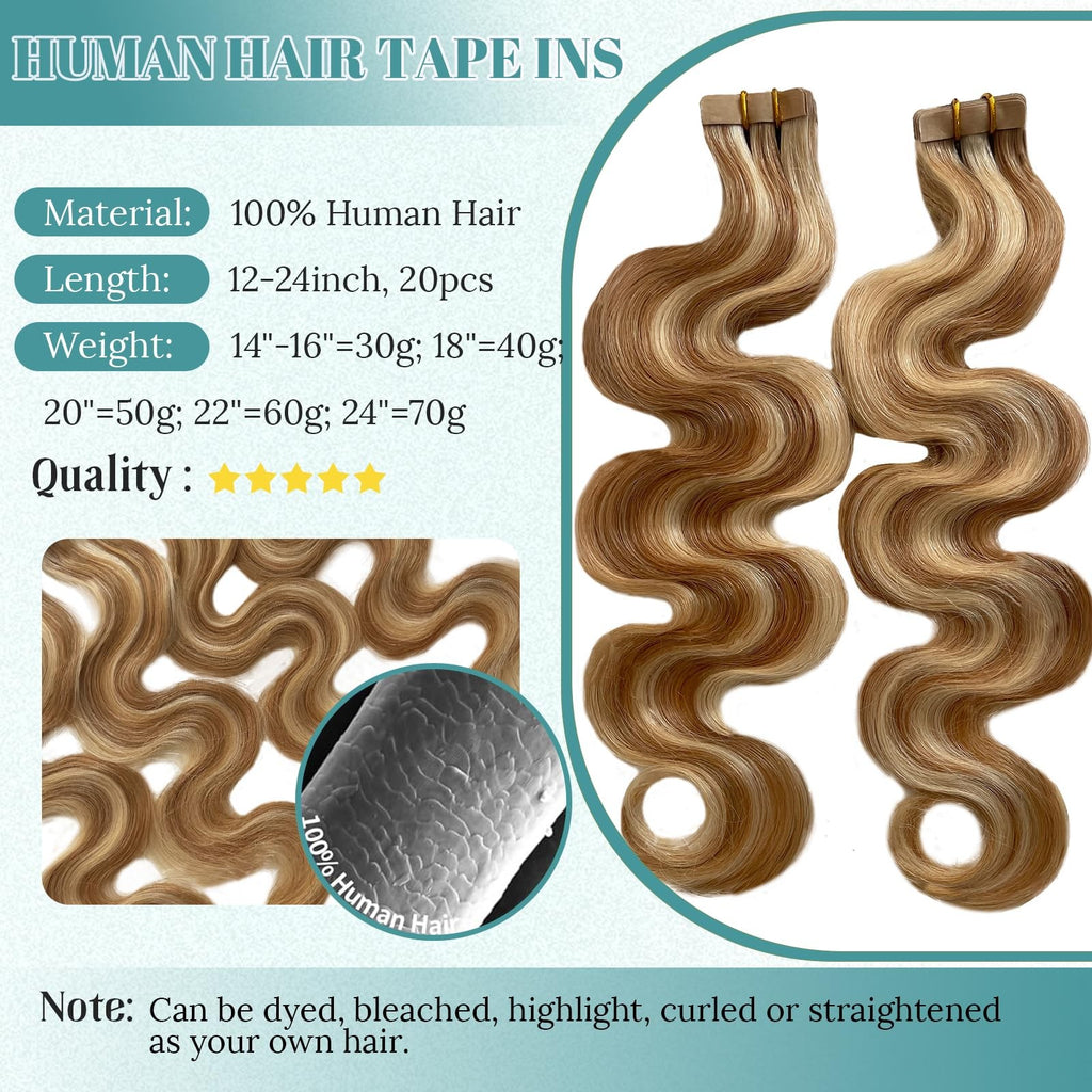 Human Hair Tape-In Extensions 18 Inch Curly Honey Blonde 20pcs