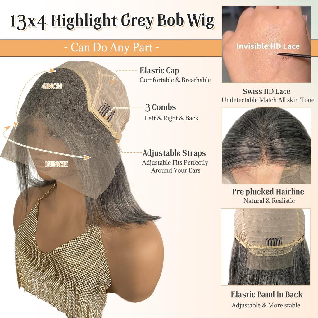 Ombre Grey Bob Wig 13x4 HD Lace Front Human Hair 180% Density Salt & Pepper