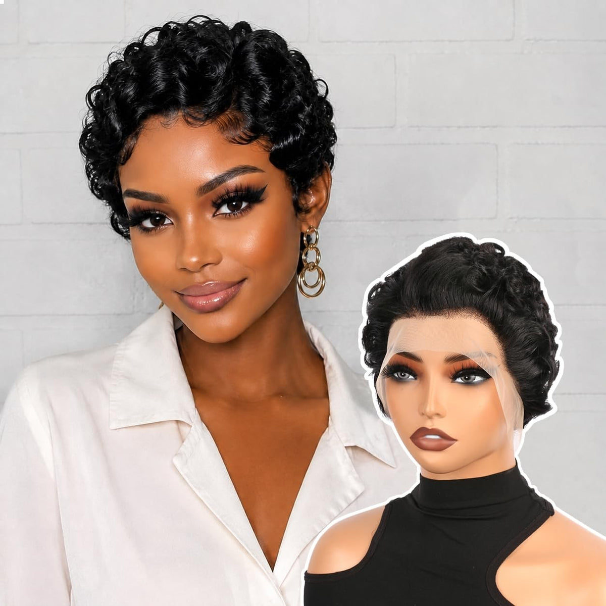Short Curly Human Hair Wig with 13x4 Lace Front for Women - Natural Black