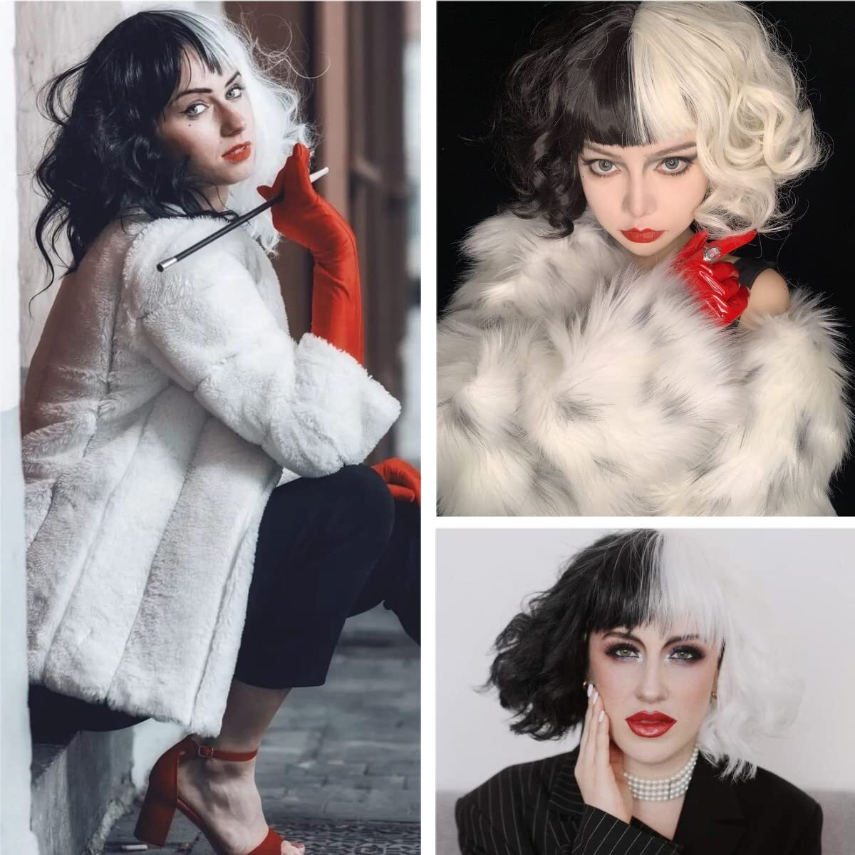 Cruella Deville Costume Wig Set with Gloves & Necklace - Black & White