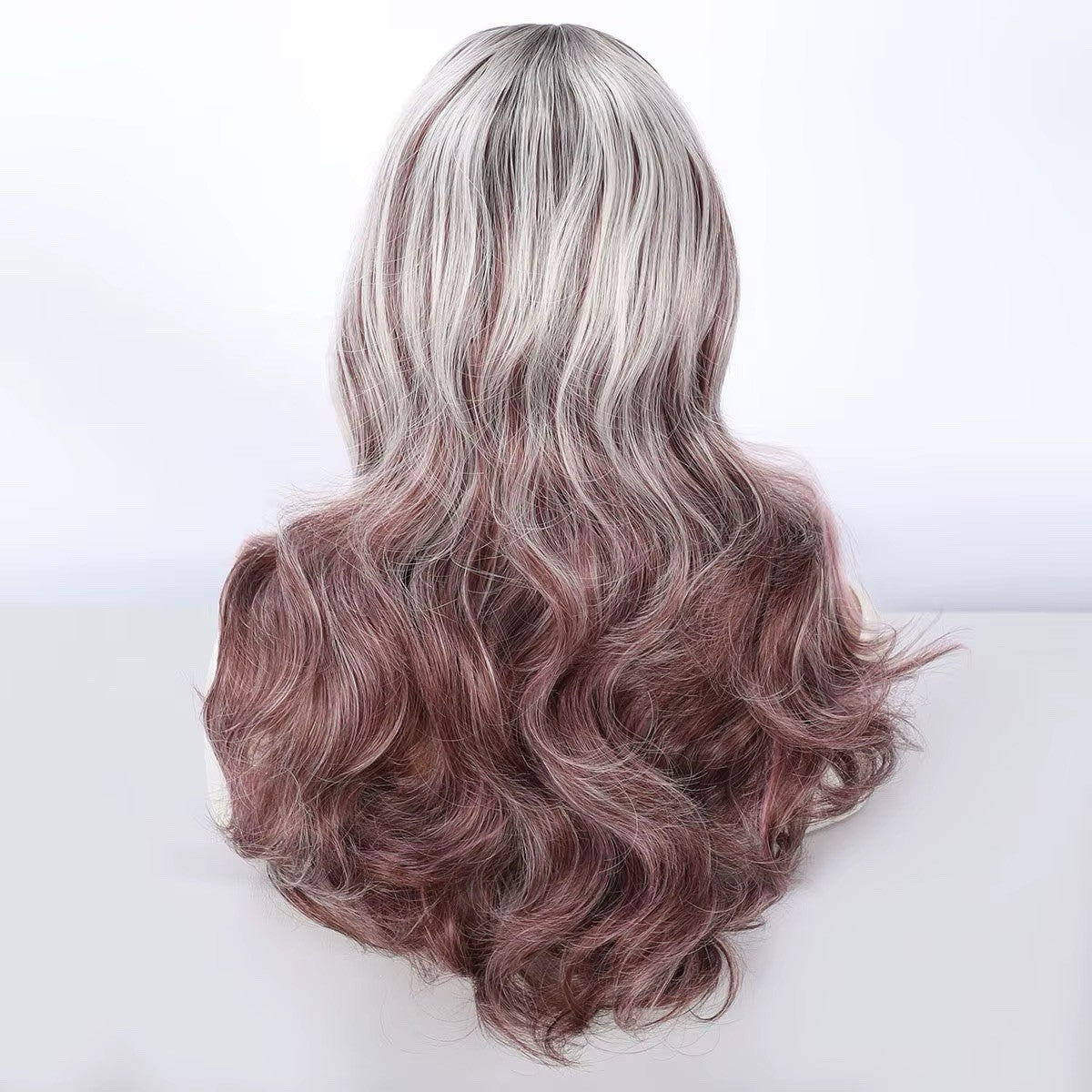 Long Wavy Lace Front Wig with Highlights 22 Inches Pink White Silver Cosplay Halloween