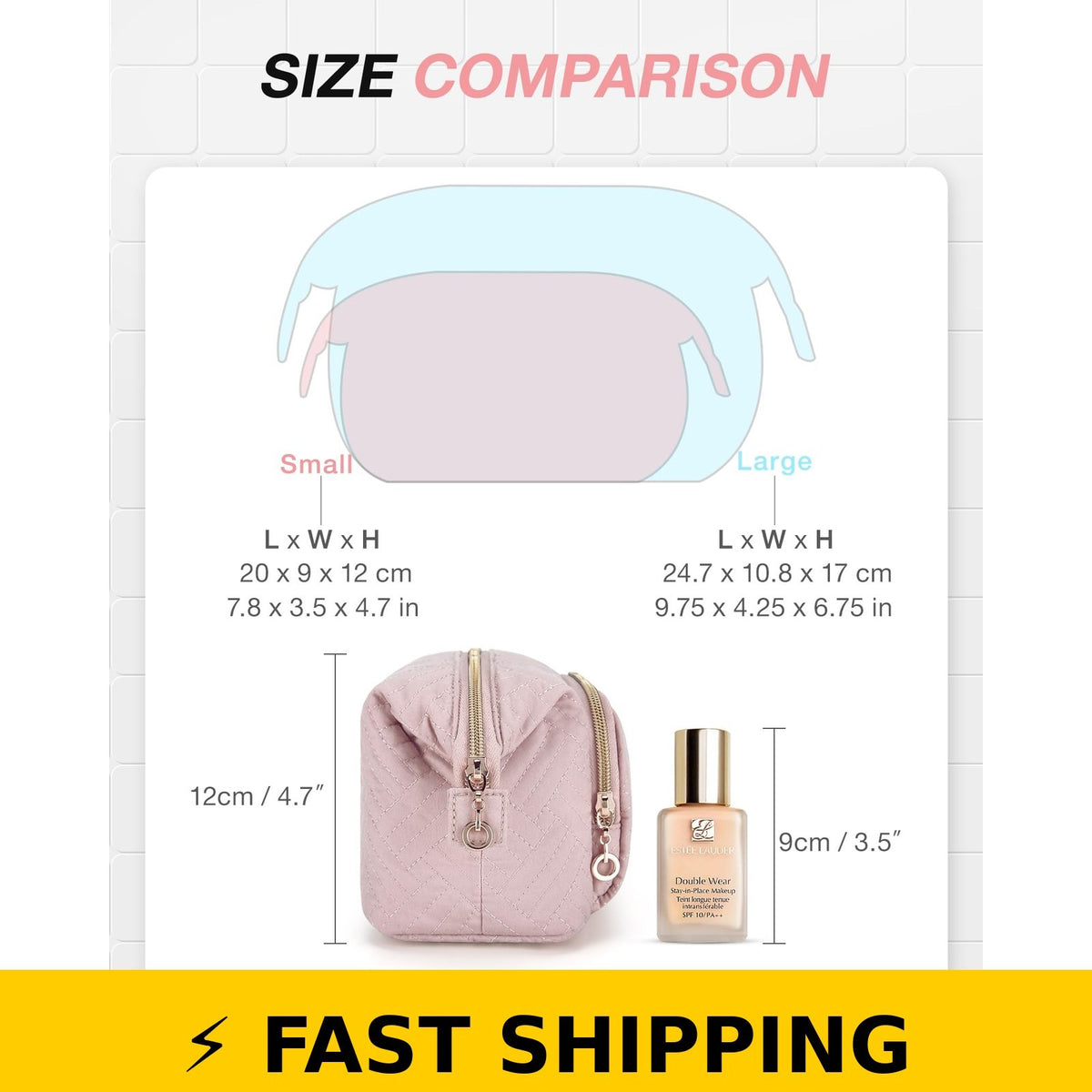 Travel Makeup Bag - Wide-Open Organizer Case in Pink, 7.8x4.7x3.5 in