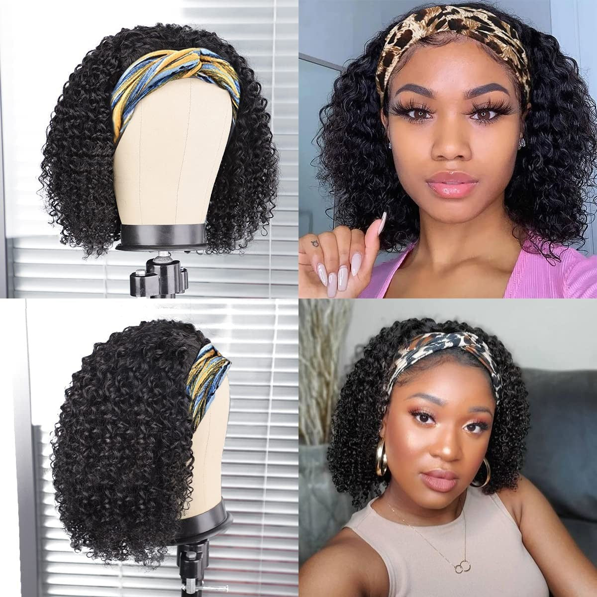 10 Inch Curly Human Hair Wig for Black Women - Natural Black, Easy Install Headband Style