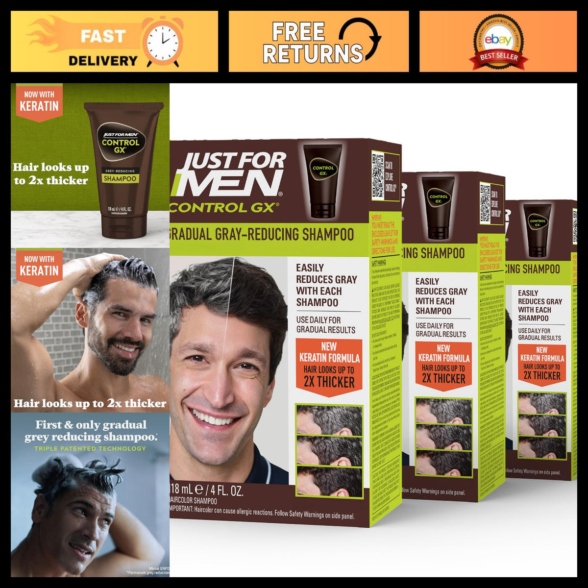 Gray Reducing Shampoo for Men with Keratin - 4 Fl Oz, Pack of 3
