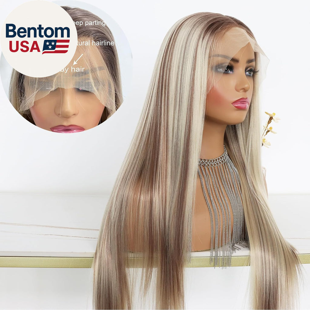 Ash Blonde Lace Front Wig Long Straight Ombre Brown Synthetic Hair