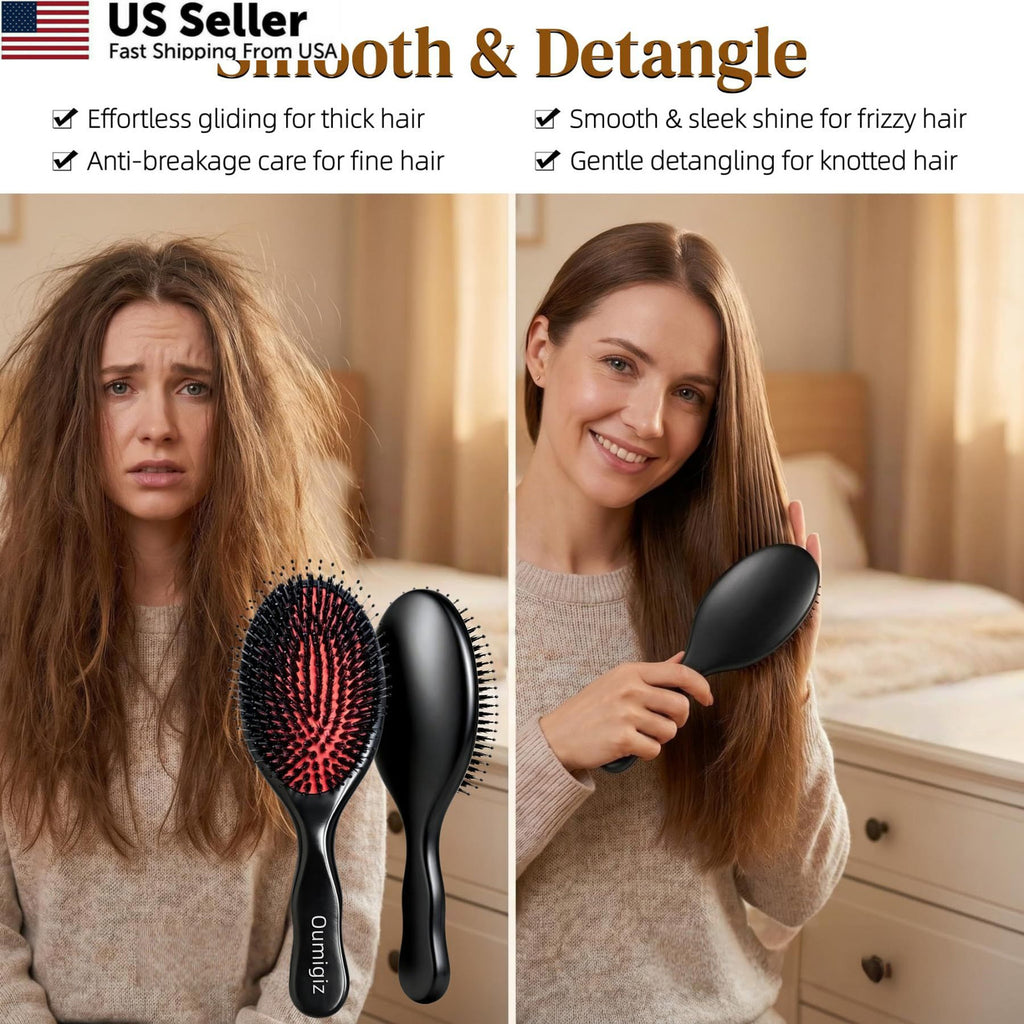 Boar Bristle Hair Brush for Detangling & Styling - Large Black & Red