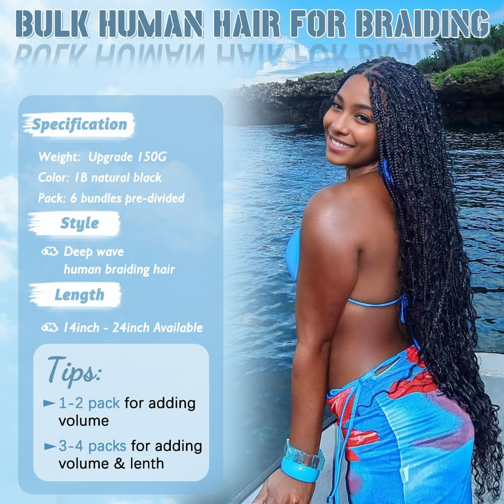 Deep Wave Human Braiding Hair 150g 6 Bundles 20 Inch for Boho Braids