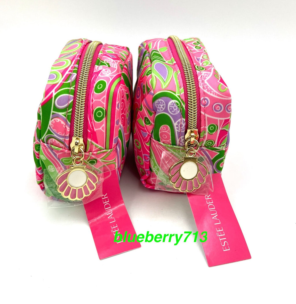 Pink Leaf Printed Makeup Coin Bag with Zipper - 2 Pack