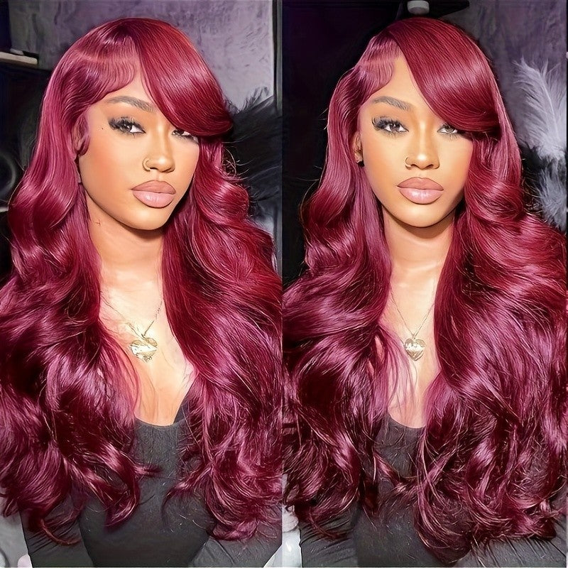 Wine Red Body Wave Lace Frontal Wig - Glueless, Pre-Plucked, 180% Density