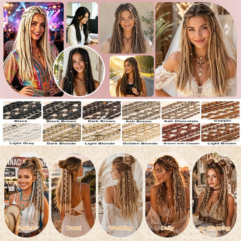2-Piece Clip-In Synthetic Dreadlock Hair Extensions Boho Braids 20 Inches