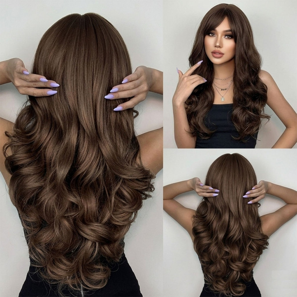Women Dark Brown Long Wavy Synthetic Costume Wig with Bangs