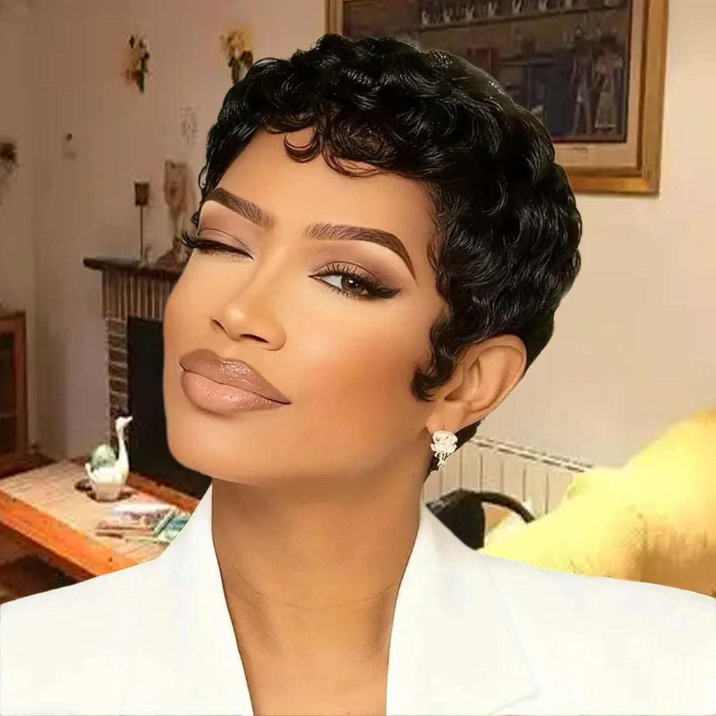 Short Curly Pixie Wig for Black Women - Brazilian Human Hair, Glueless, Natural Look