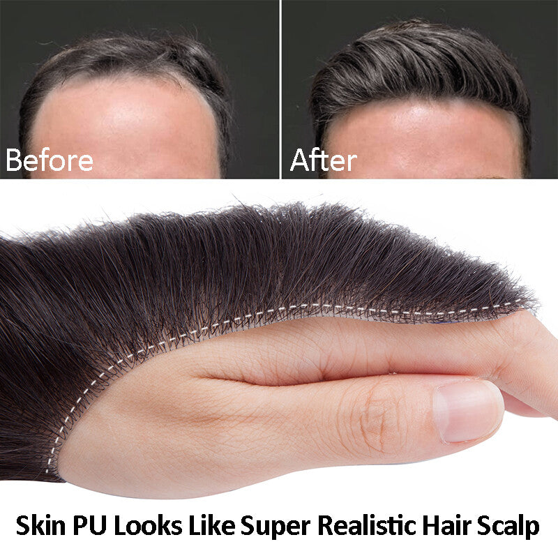 Mens Skin PU Front Hairpiece Toupee for Receding Hairline and Hair Loss