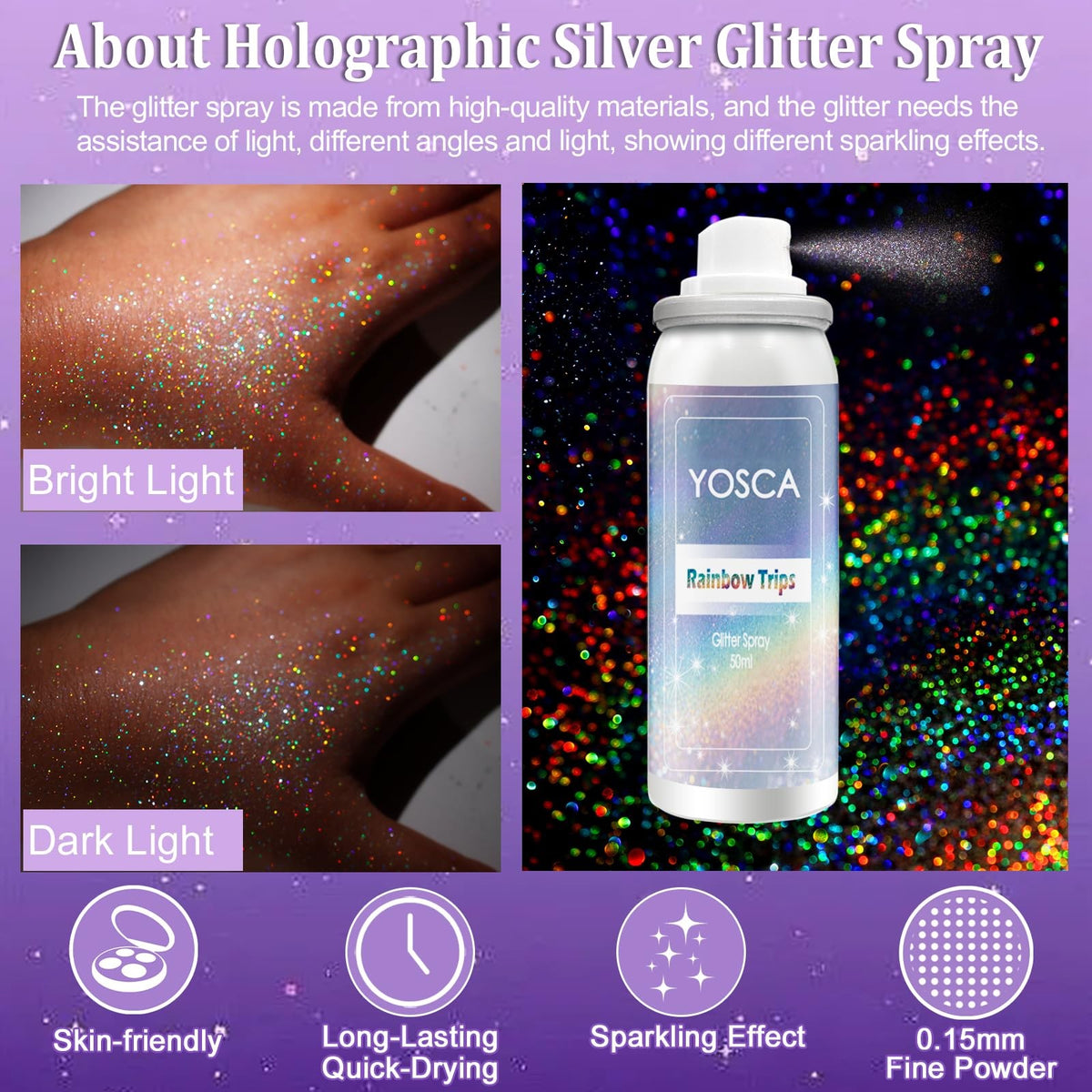 3-Pack Yosca Body Glitter Spray Set - Holographic Silver Rainbow Sparkle (50ml Each)