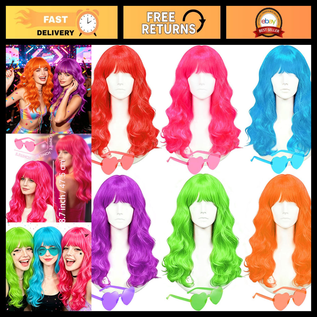Colorful Long Curly Wig Set with Sunglasses for Women – Party & Costume