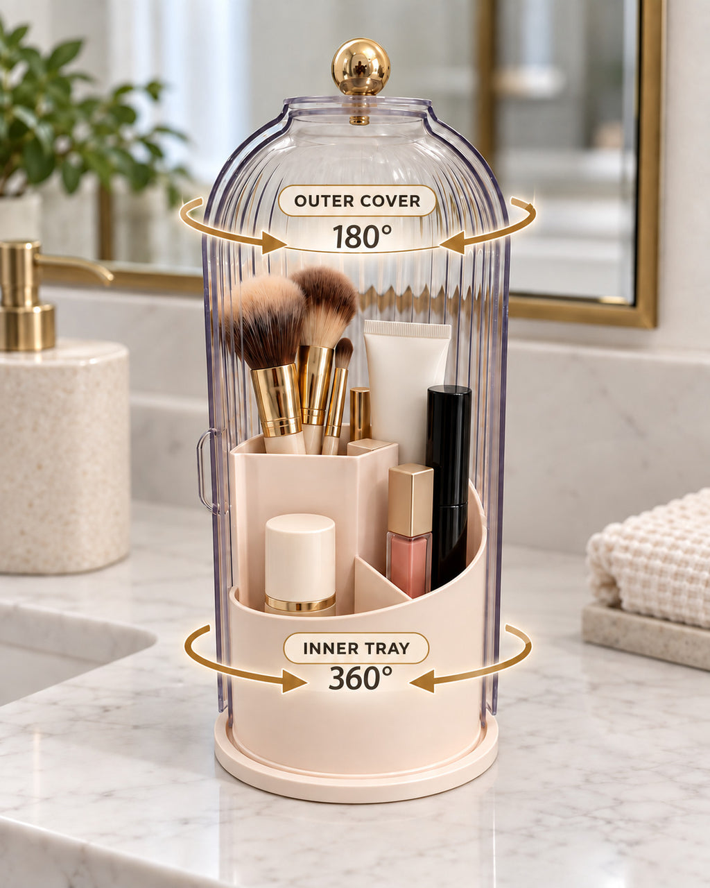Rotating Makeup Brush Holder with Dustproof Lid - Clear Vanity Organizer