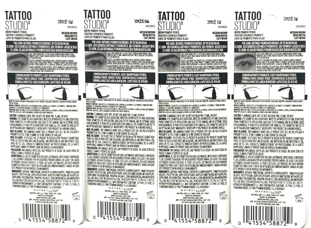 Maybelline Tattoo Studio Brow Pencil - Sealed, 0.026 oz, Medium Brown (4 Pack)