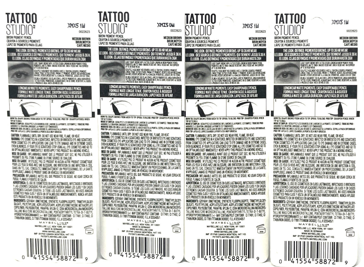 Maybelline Tattoo Studio Brow Pencil - Sealed, 0.026 oz, Medium Brown (4 Pack)