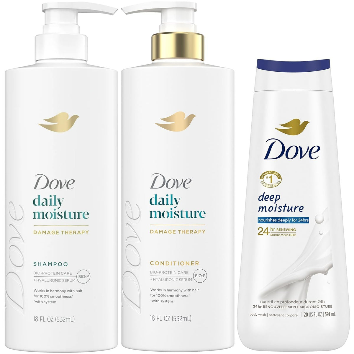 Daily Moisture Shampoo & Conditioner Set with Deep Hydration Body Wash - 3 Pieces
