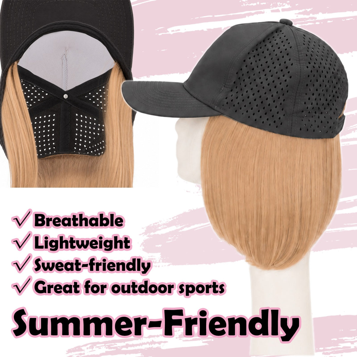 Quick Dry Baseball Cap with Attached Synthetic Hair for Women - Casual Summer Style